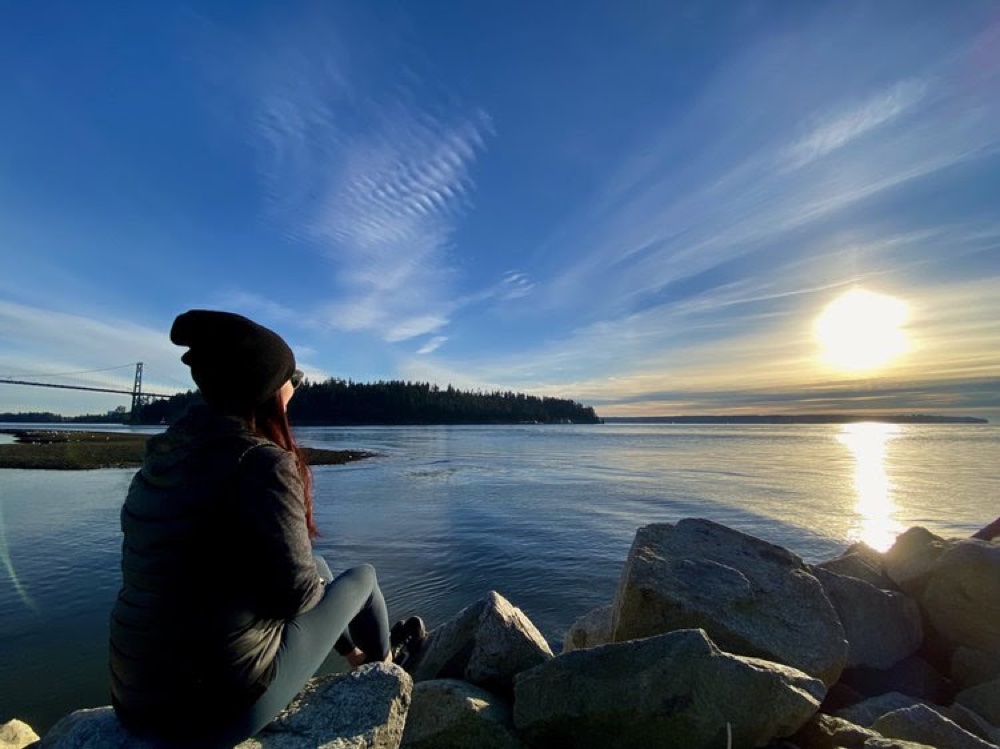 Pamela Sharkey, at the shoreline
